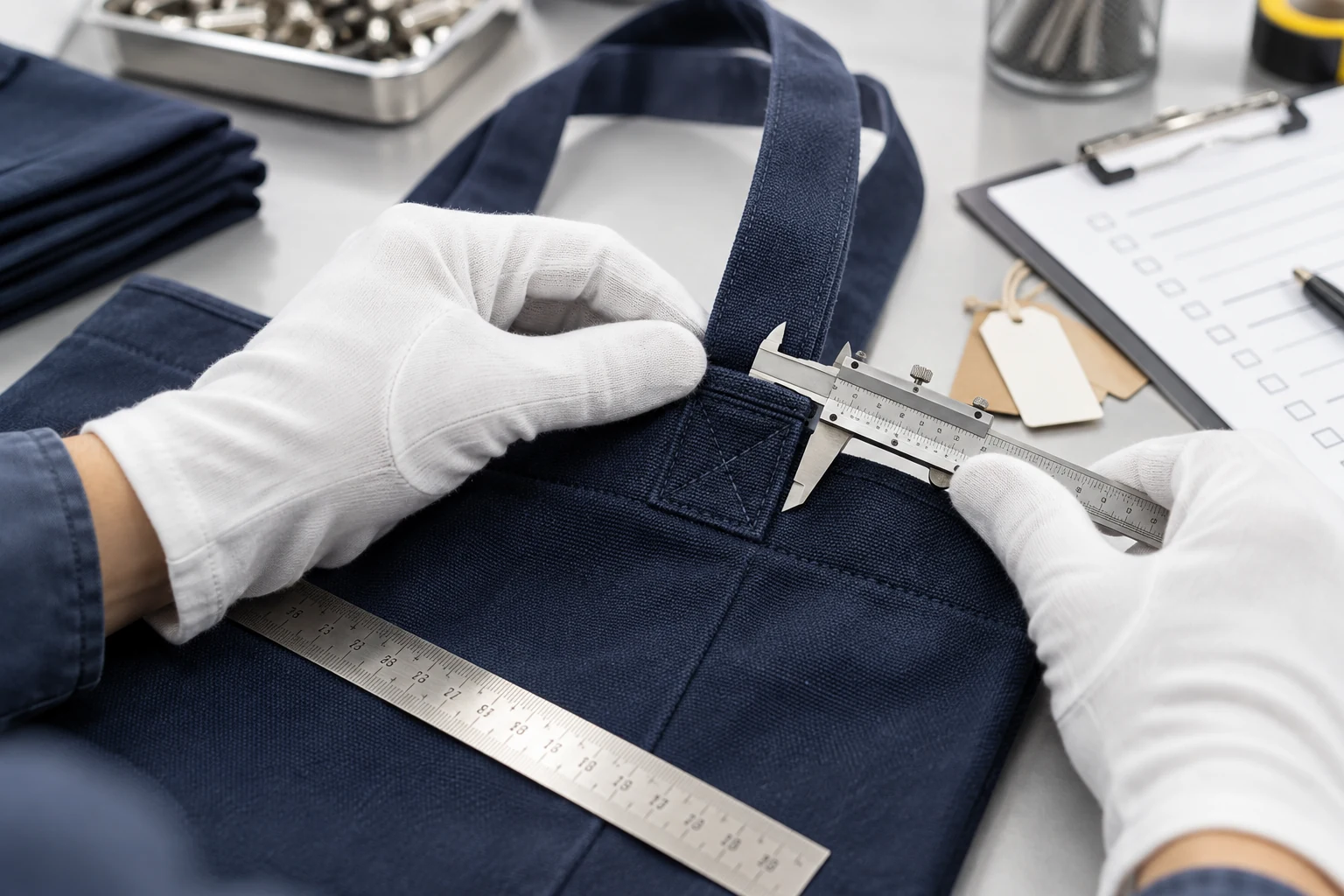 Representative close-up of a custom bag quality inspection